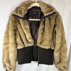 Express Women's Brown Faux Fur Coat With Ribbed Bottom Teddy Bear Y2K Jacket
